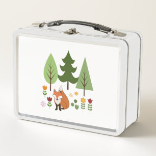 Scandinavian Style Fox Flowers Trees Illustration Metal Lunch Box