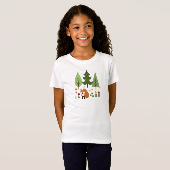 Scandinavian Style Fox Flowers Trees Illustration T-Shirt (Front Full)