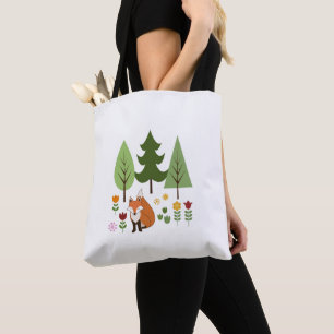 Scandinavian Style Fox Flowers Trees Illustration Tote Bag