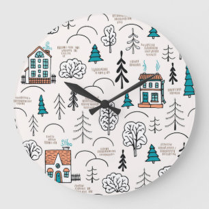 Scandinavian Style Houses Forest Pattern Large Clock