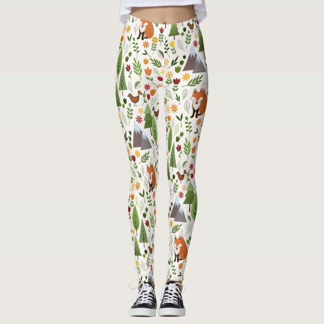 Scandinavian Style Illustrations on Cream Pattern Leggings (Front)