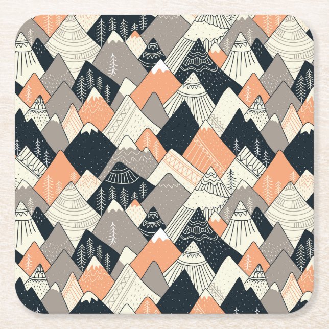 Scandinavian Style Mountain Pattern Square Paper Coaster (Front)