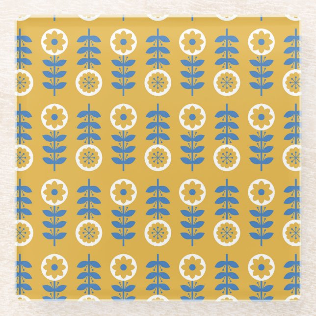 Scandinavian Stylised Flower Pattern Glass Coaster (Front)