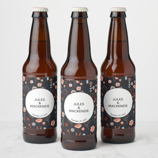 Scandinavian Summer Flowers Dark Boho Modern Beer Bottle Label (Bottles)