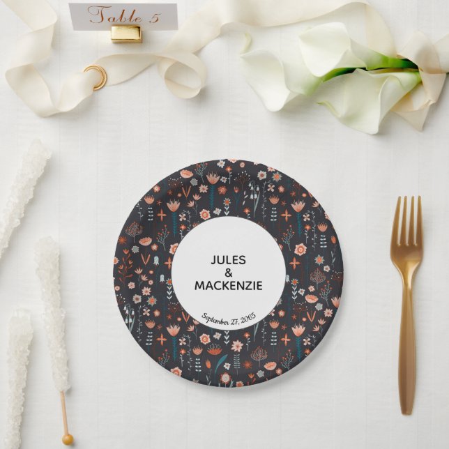 Scandinavian Summer Flowers Dark Boho Wedding Paper Plate (Wedding)