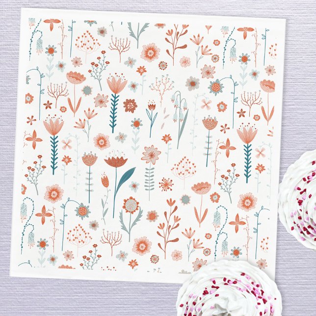 Scandinavian Summer Flowers Napkin (Scandinavian summer flowers peach teal and white paper party napkins)