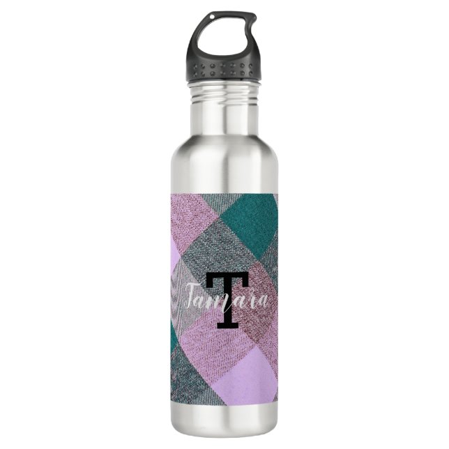 Scandinavian Teal Pink Plaid Monogrammed  710 Ml Water Bottle (Front)