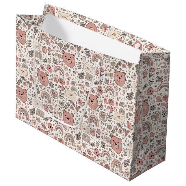 Scandinavian Teddy Bear Boho Pattern Large Gift Bag (Front Angled)