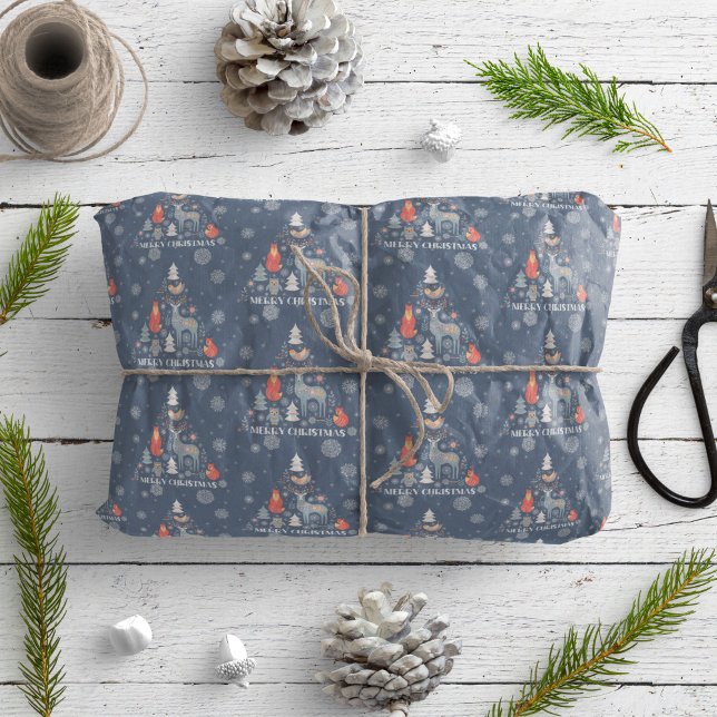 Scandinavian Tree Reindeer Animal Snowflake Blue  Wrapping Paper (Creator Uploaded)