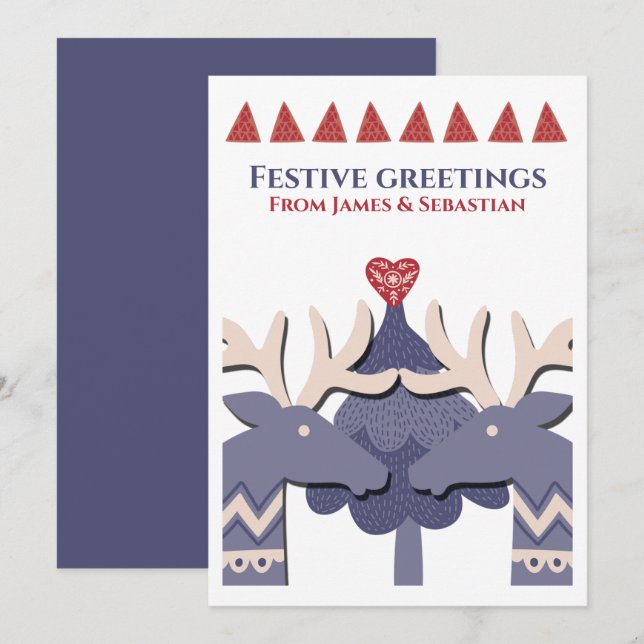 Scandinavian Two Male Reindeer Gay Personalised Holiday Card (Front/Back)