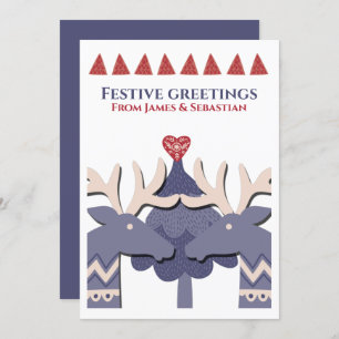 Scandinavian Two Male Reindeer Gay Personalised Holiday Card
