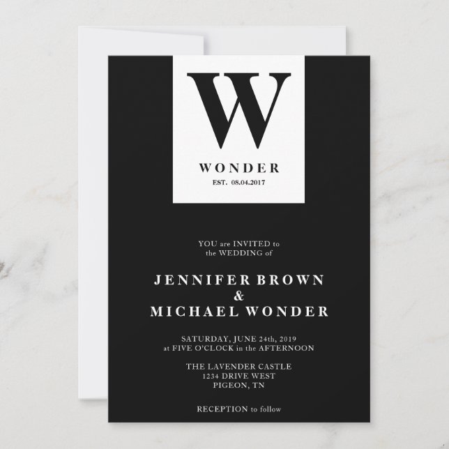 Scandinavian Wedding Monogram Black Invitation (Front)