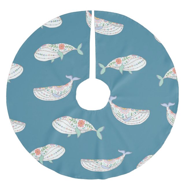 Scandinavian whale, sea animals pattern brushed polyester tree skirt (Front)