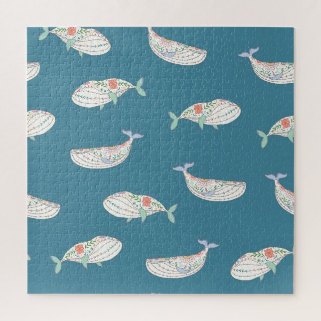 Scandinavian whale, sea animals pattern jigsaw puzzle (Vertical)