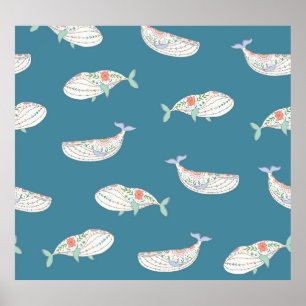 Scandinavian whale, sea animals pattern poster