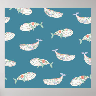 Scandinavian whale, sea animals pattern poster