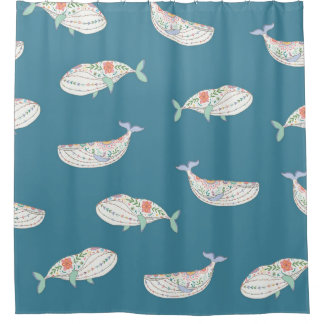 Scandinavian whale, sea animals pattern shower curtain