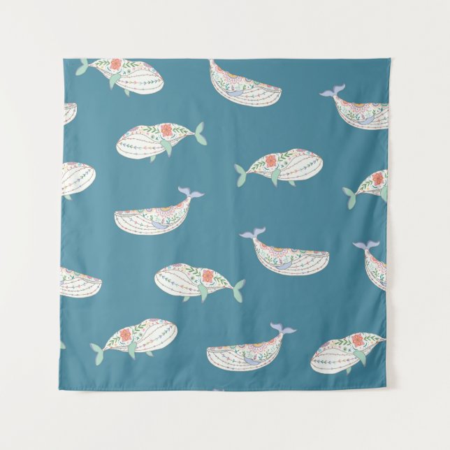 Scandinavian whale, sea animals pattern tapestry (Front)