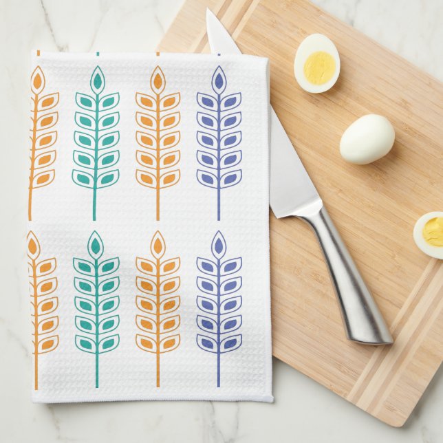 Scandinavian Wheat in Bright Blue, Yellow & Green Tea Towel (Quarter Fold)