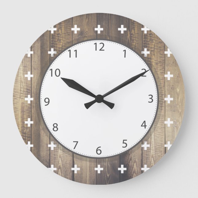 Scandinavian White Plus Signs Wooden Planks Large Clock (Front)