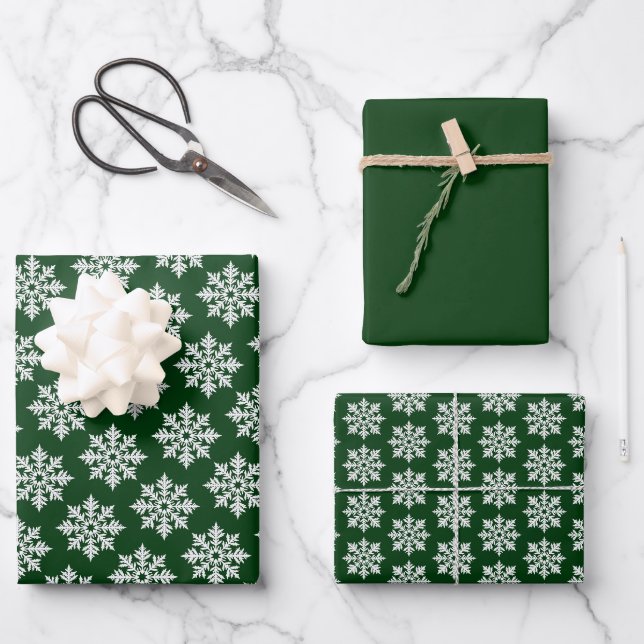 Scandinavian White Snowflake Pattern on Evergreen  Wrapping Paper Sheet (Front)