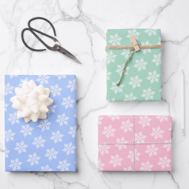 Scandinavian White Snowflake Pattern on Pastels Wrapping Paper Sheet (Front)