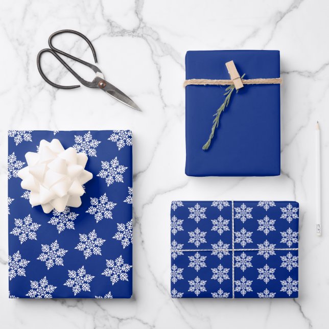 Scandinavian White Snowflake Pattern on Royal Blue Wrapping Paper Sheet (Front)