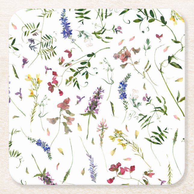 Scandinavian Wildflowers Meadow Square Paper Coaster (Front)