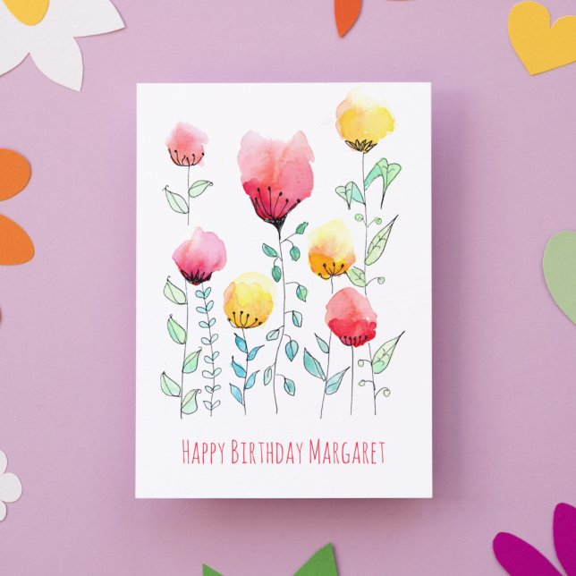 Scandinavian Wildlowers Cute Personalised Birthday Card (This whimsical birthday card pairs folk flowers with modern typography for a cute Happy Birthday!)