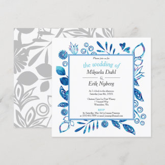 Scandinavian Winter Blue Floral Pattern Wedding Invitation
