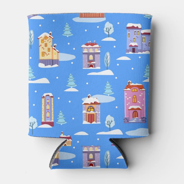 Scandinavian Winter Houses Snow Pattern Can Cooler (Front)