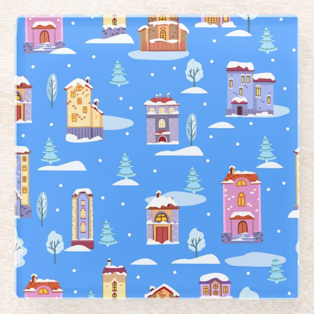 Scandinavian Winter Houses Snow Pattern Glass Coaster (Front)