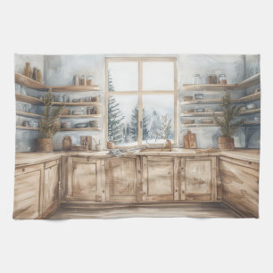 Scandinavian Winter Kitchen Watercolor with Snowy Tea Towel