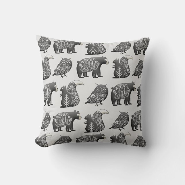 Scandinavian Woodland Animal Art Grey Pattern Cushion (Front)