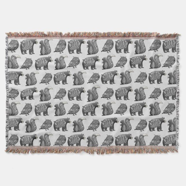Scandinavian Woodland Animal Art Grey Pattern Throw Blanket (Front)