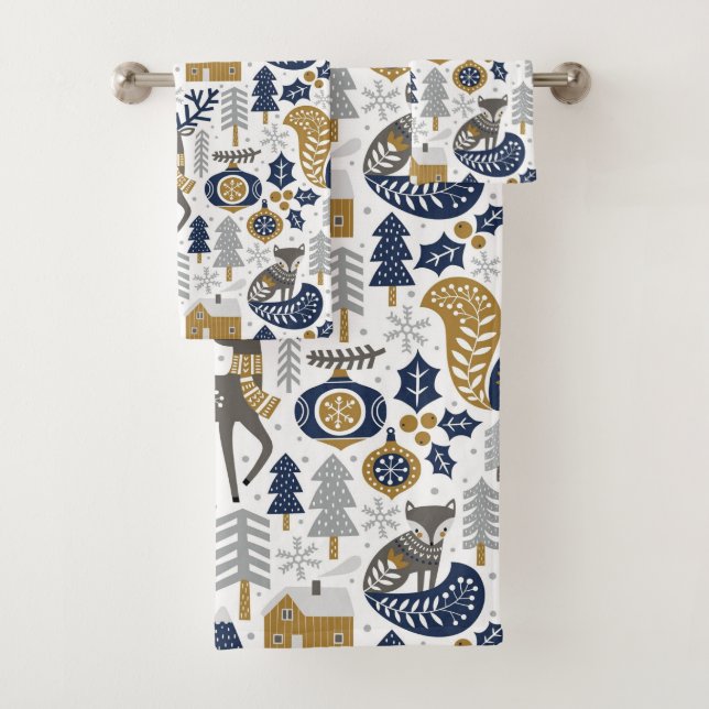 Scandinavian Woodland Animals Snowflakes Christmas Bath Towel Set (Insitu)