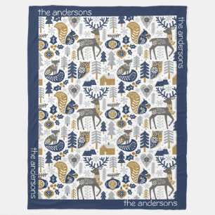 Scandinavian Woodland Animals Snowflakes Christmas Fleece Blanket