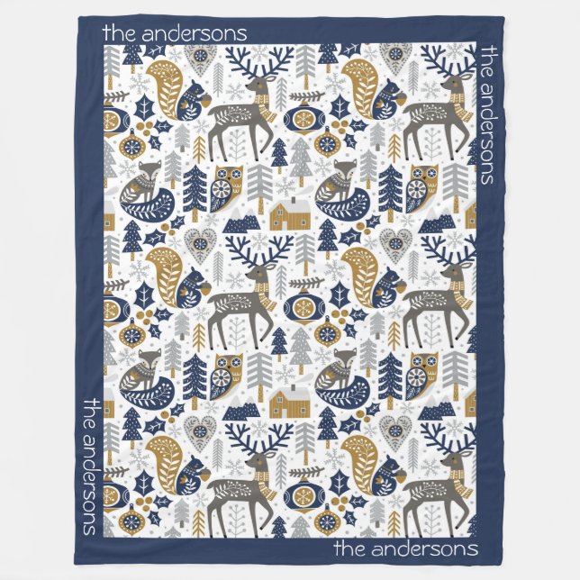 Scandinavian Woodland Animals Snowflakes Christmas Fleece Blanket (Front)