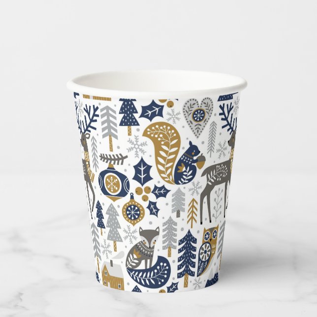 Scandinavian Woodland Animals Snowflakes Christmas Paper Cups (Front)