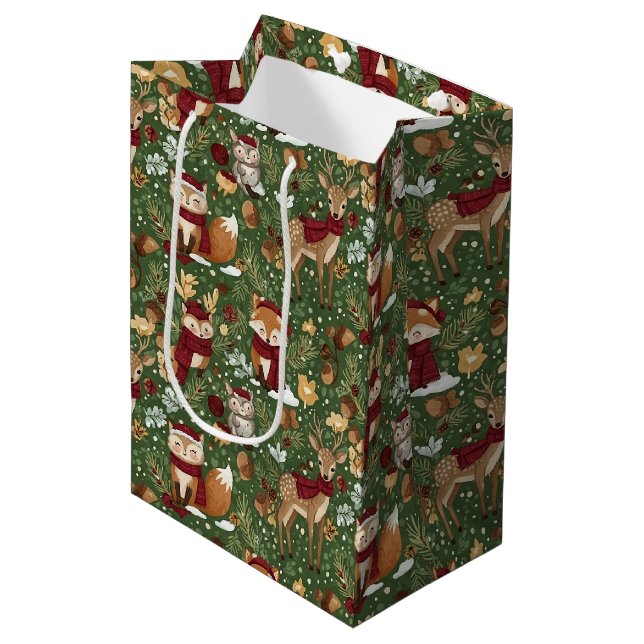 Scandinavian Woodland Christmas Pattern Medium Gift Bag (Front Angled)