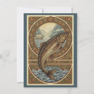 Scandinavian Woodland Salmon Art Flat Thank You  Card