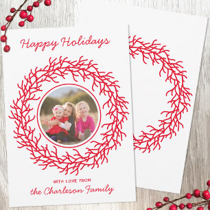 Scandinavian Wreath Photo Red and White Holiday Card