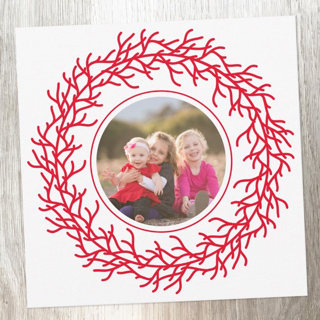 Scandinavian Wreath Photo Red and White Holiday Card (Photo modern Scandinavian red and white wreath holiday keepsake Christmas card)