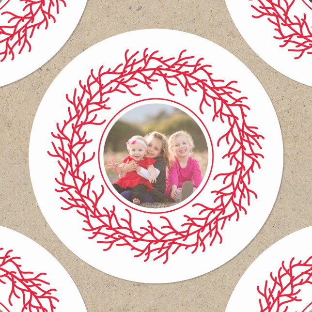 Scandinavian Wreath Photo Red and White Holiday Classic Round Sticker (Scandinavian wreath personalized photo red and white Christmas or Holiday round sticker)