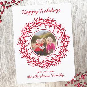 Scandinavian Wreath Photo Red and White Holiday Postcard