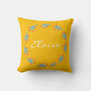 Scandinavian Yellow Folk Floral Wreath Custom Name Cushion