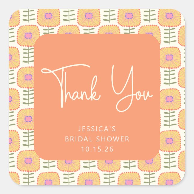 Scandinavian Yellow Orange Flower Shower Thank You Square Sticker (Front)