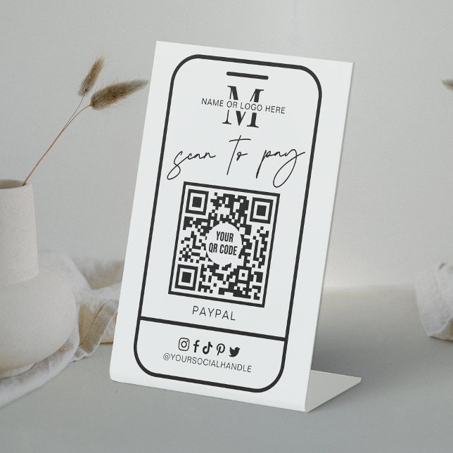 Scannable Payment Scan To Pay QR Code Minimal Logo Pedestal Sign (Modern scan to pay QR code sign in trendy black and white design, perfect to place at your till)
