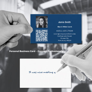 Scannable Photo QR Code Personal Message Blue Business Card