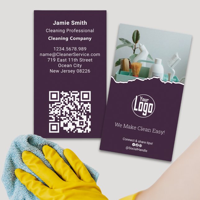 Scannable Purple and White Cleaner Business Card (Scannable Purple and White Cleaner Business Card)